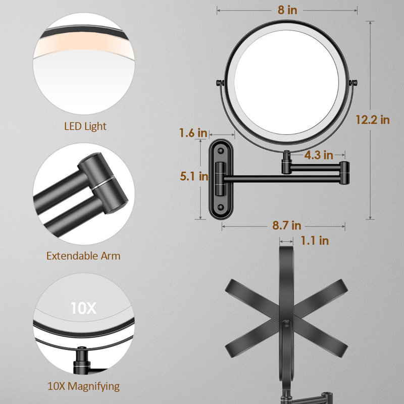 Rechargeable Lighted Wall Mounted Makeup Mirror With 3 Colour Lights,Dimmable Touch Screen,8 Inch LED Double Sided 1X/10X Magnifying 360°Flexible 13 Inch Retractable