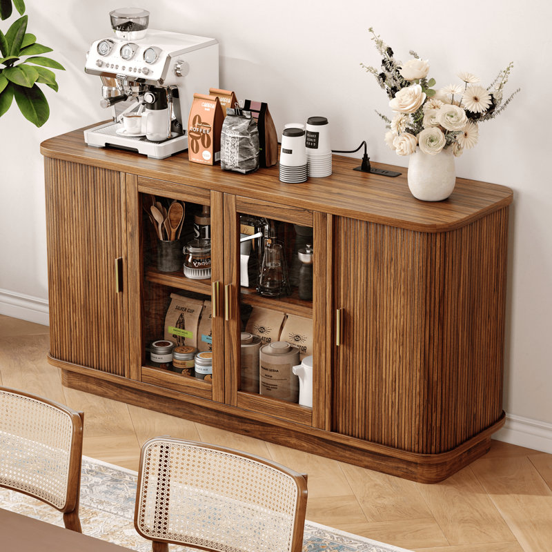 Buffet moderne 63 "avec portes en verre et portes coulissantes cannelées, armoire à café en bois, Brown