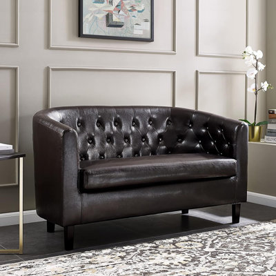 Engelhardt Faux Leather Midcentury Barrel Loveseat 2 Seater Sofa Couch for Bedrooms and Living Room.