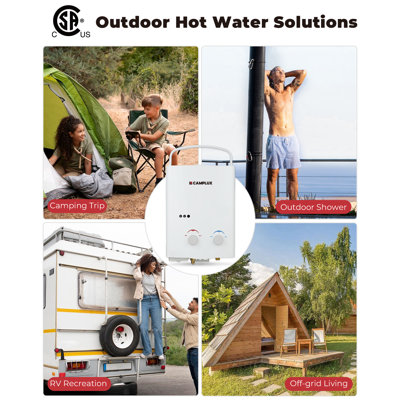 Chauffe-eau extérieur portatif au propane CAMPLUX 1,32 GPM 34 000 BTU, blanc