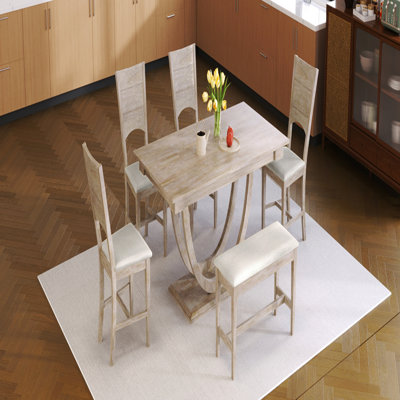 6-Piece Wood Half Round Dining Table Set Kitchen Table Set With Long Bench And 4 Dining Chairs, Modern Style