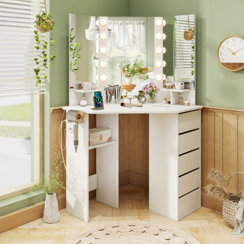 Corner Vanity Desk with 3-Color LED Lighted Mirror and Power Outlet, Black