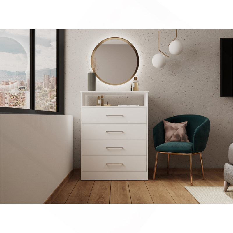 Commode, quatre tiroirs, une tablette, plateau supérieur, blanc
