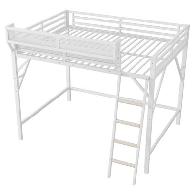 Grand lit mezzanine en métal avec échelle et tablettes de rangement, grand lit mezzanine peu encombrant pour enfants et adolescents, blanc