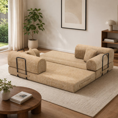 Convertible Sleeper Sofa Bed, 2-Tone Bouclé Foldable Mattress Floor Sofa with Fixed Shape Frame, Ochre Casual Lounge Sofa for Living Room & Bedroom
