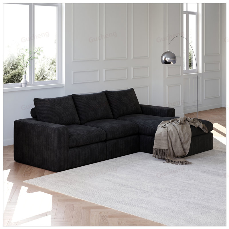Canapé modulaire en L de 99 po avec méridienne, revêtement en velours côtelé, aucun assemblage requis, comprend trois coussins pour plus de confort et de style