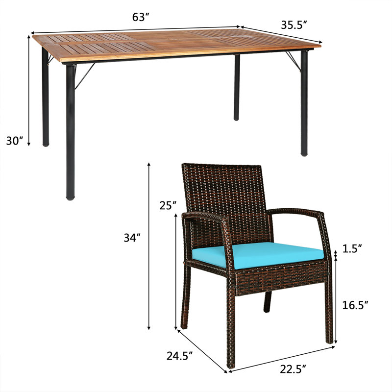 6 - Person Acacia Wicker Patio Dining Set with Rectangular Table , Cushions Included, Turquoise