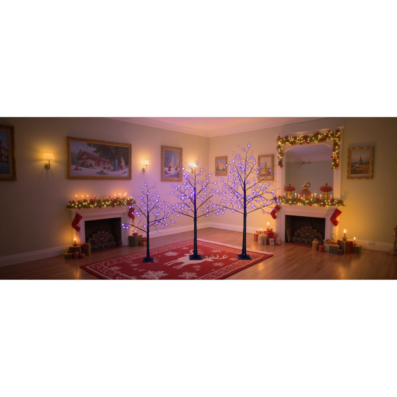 3 arbres avec lumières mauves - arbres artificiels noirs de 4 pi, 5 pi et 6 pi pour des vitrines créatives, pièce de système de branche articulée éclairée Spooky Glow, décor de maison hantée, vinyle ignifuge
