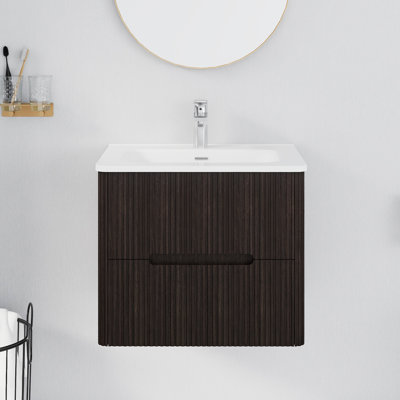 Armoire de salle de bain murale 24 po à rayures verticales de couleur brune foncée 24 po | Bassin en céramique intégré | Tiroirs doubles | Rail silencieux à fermeture douce | Charnière à fermeture douce