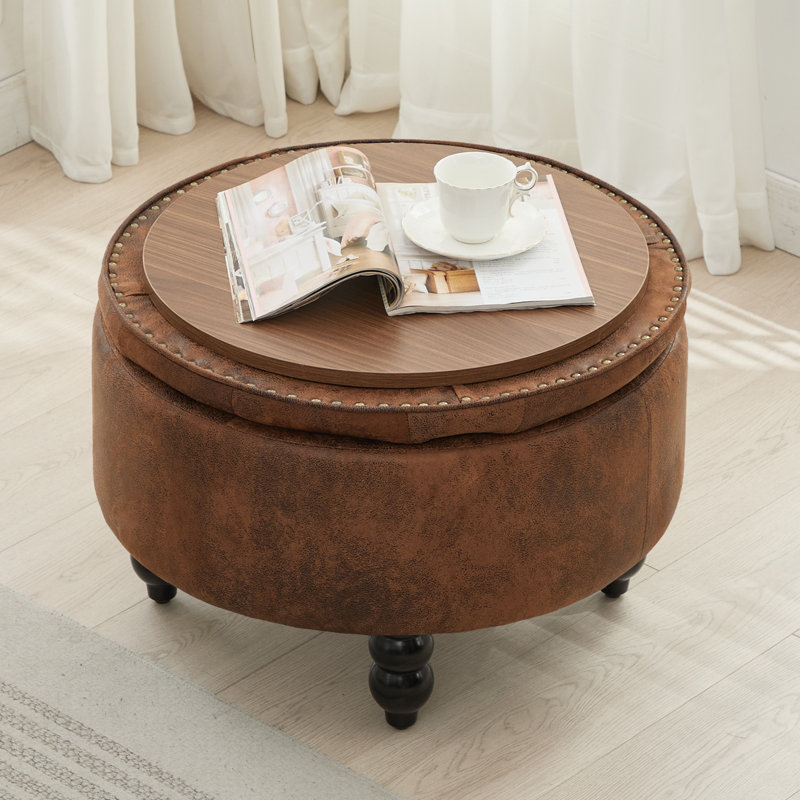 24'' Wide Upholstered Round Storage Ottoman, Brown Faux Leather