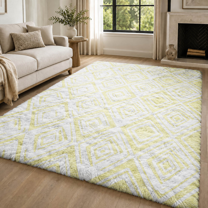 Tapis Dream Shag ADS733 à motif diamant, lavable à la machine et de qualité supérieure, Yellow, 9 pi x 12 pi
