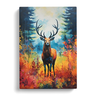 Stag In A Forest Colour Field - Wrapped Canvas