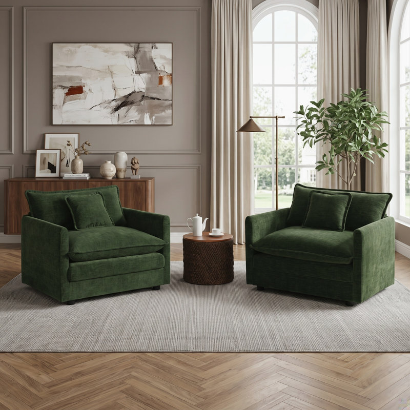 Ensemble de 2 chaises d'appoint surdimensionnées avec accoudoirs légèrement ajustés et coussins moelleux, vert foncé
