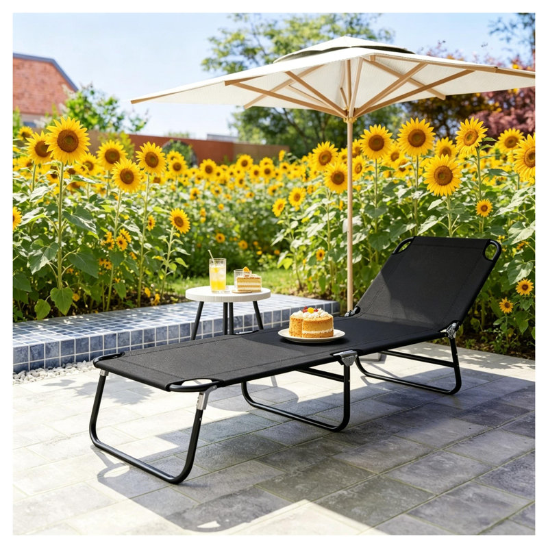 Folding Outdoor Chaise Lounge Chair with Oxford Fabric - Portable Sun Tanning Seat in Black