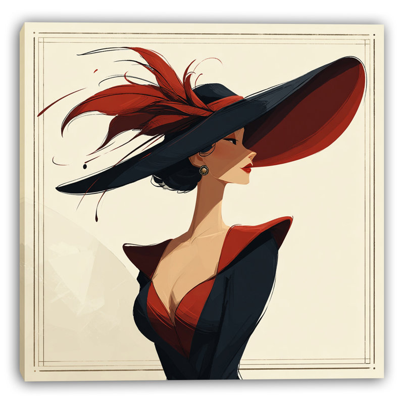 Élégant art mural sur toile tendue avec un chapeau de plumes rouges, H 20 po x l 20 po