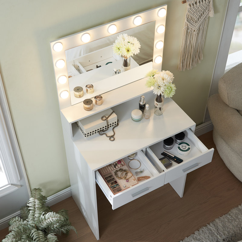 Vanity Desk with Mirror and Lights, Dressing Table with Large Drawer, White