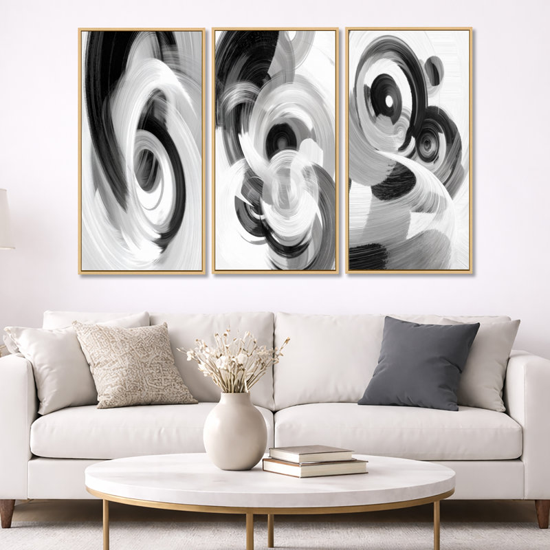 «White and Black Ink Spiral», ensemble de 3 toiles abstraites sur toile, H 32 po x l 48 po, Natural Wood Floater Framed