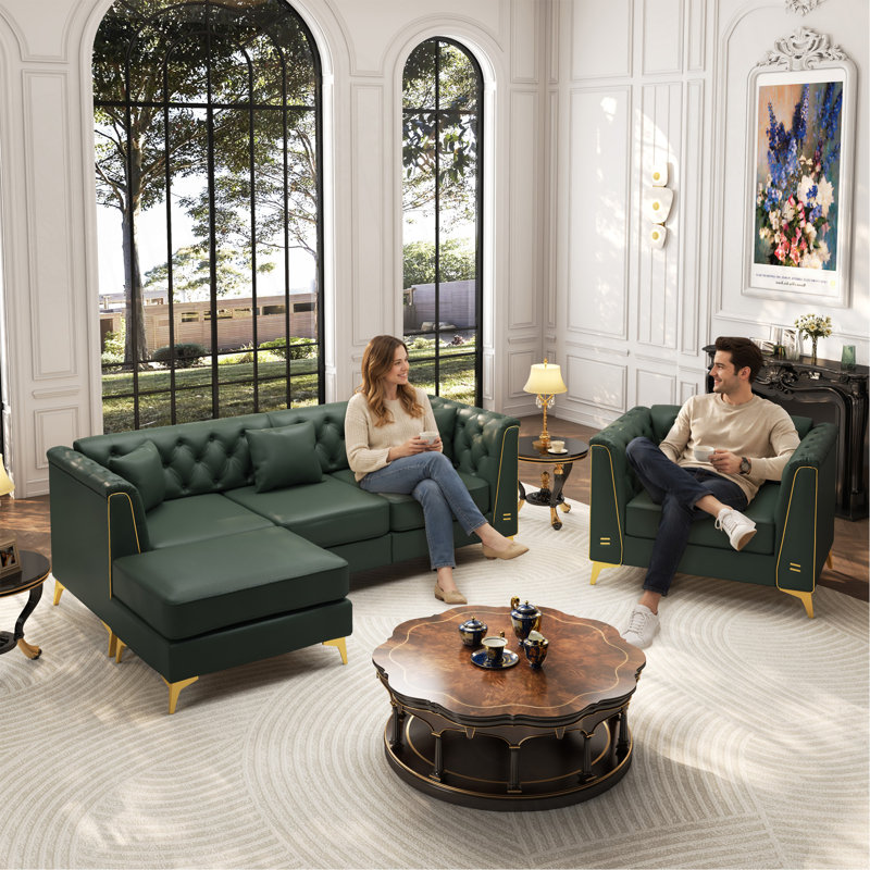 Canapé Chesterfield modulaire de luxe léger, canapé en similicuir avec capitonnage à boutons fait à la main, accoudoirs à garniture en métal et pieds en métal minces, comprend 4 coussins pour le salon, l’appartement