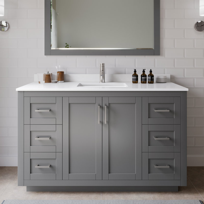 Miranda 54" Freestanding Single Bathroom Vanity with Cultured Marble Top, Brushed Nickel, Dark Gray, White Cultured Marble