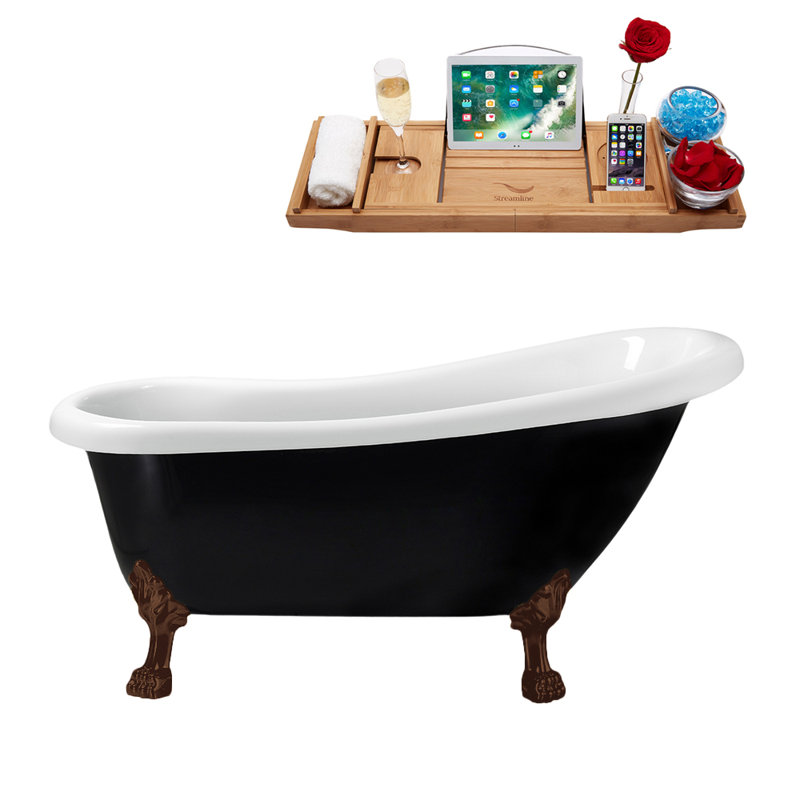 61" Streamline Clawfoot Soaking Acrylic Bathtub With Drain, Clawfeet, and Bamboo Tray, Matte Oil Rubbed Bronze, Matte Pink