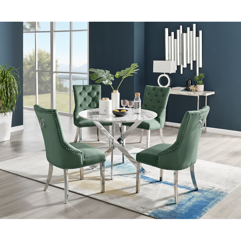 Tierra Modern Chrome Metal & Glass Round Dining Table Set with 4 Luxury Button Velvet Chairs