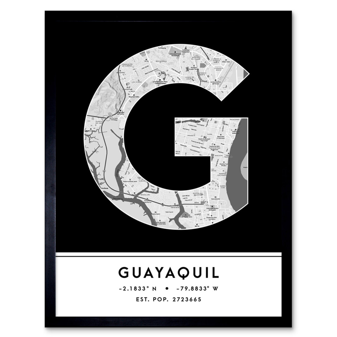 Guayaquil City Map Guayaquil Black & White by Wee Blue Coo - Single Picture Frame Typography