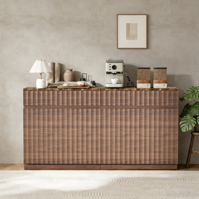 Wave Pattern Sideboard Buffet Cabinets with 2 Doors & Drawer, Initation marble top (Set of 2)