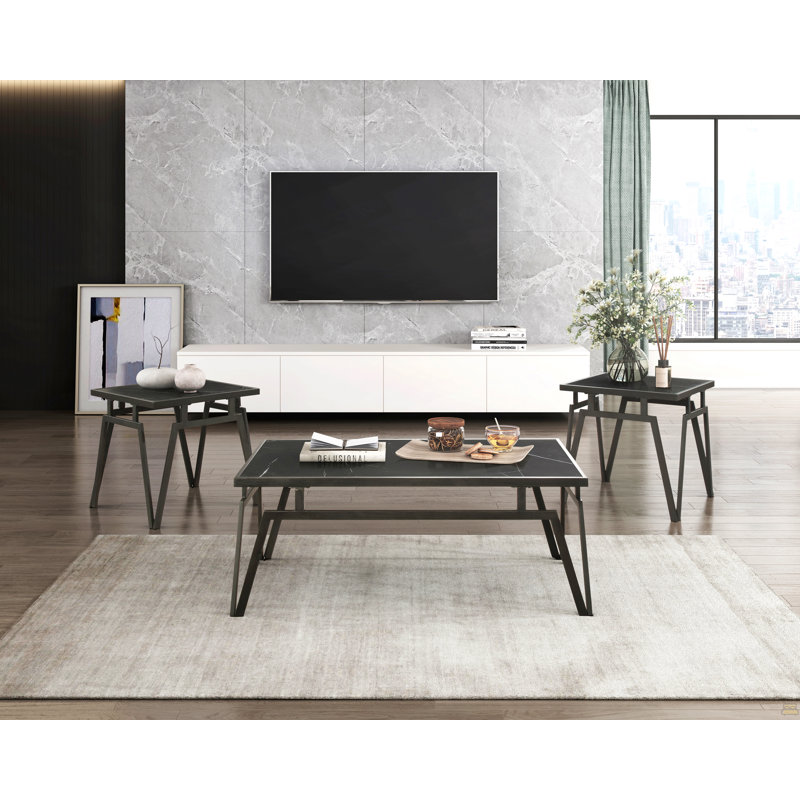 Ensemble de table d'appoint 3 pièces et 2 tables de bout avec plateau en pierre frittée noire