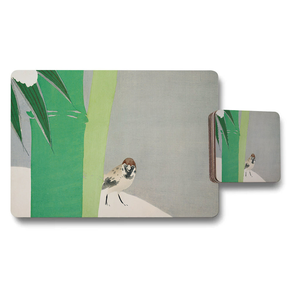 Green Botanical Bird Placemat And Coaster Set For Table Decor