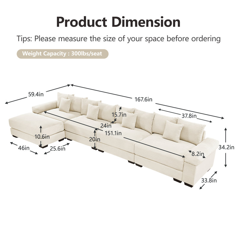  Canapé modulaire en forme de L, canapé en velours côtelé de 170 pouces avec repose-pieds, crème, 4, Crème