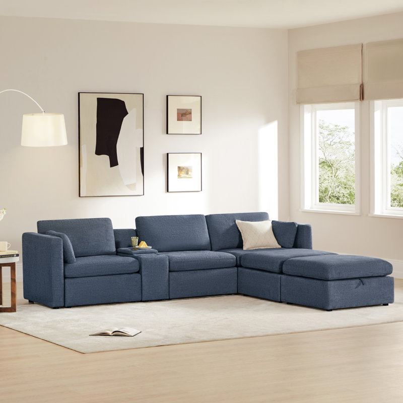Winfree 5-Piece Modular Sectional with Plastic Leg, Blue Polyester