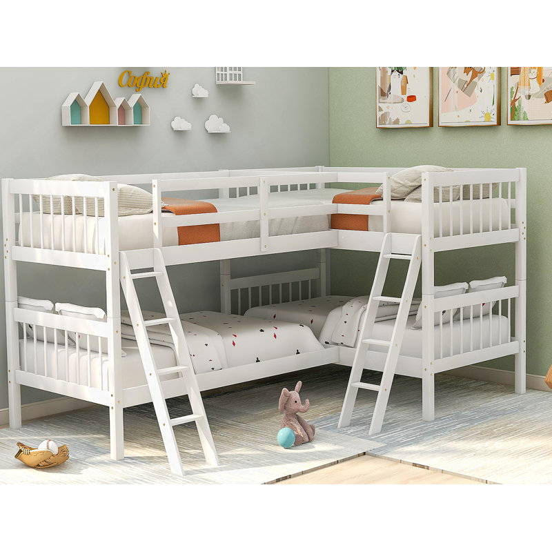 Lit superposé en L avec échelle, taille simple - gris (aucun sommier requis, robuste et durable), Blanc