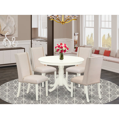 5 Piece Kitchen Table & Chairs Set Includes a Round Dining Room Table with Pedestal and 4 Cream Linen Fabric Parsons Dining Chairs, Linen White