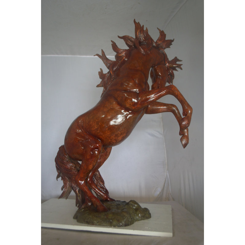 Large Rearing Horse Red Finished Bronze Statue -  Size: 34"L x 21"W x 46"H. 