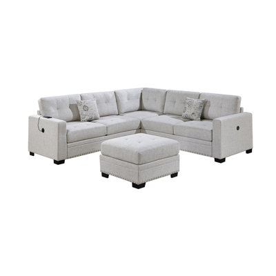 Canapé modulaire contemporain 4 pièces en toile de jute beige, design en forme de L, dossier / avec un accoudoir et avec coussins pour le confort de la maison, couleur os moderne, rembourré, avec cocktail