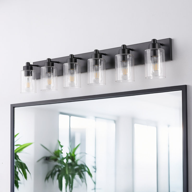 Stover Seeded Glass/Iron Modern Contemporary LED Vanity Light, 6 Lights, Matte Black