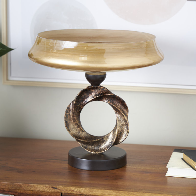 Cole And Grey Glass Wide Brushed Decorative Bowl With Textured Bronze And Black Ring Base