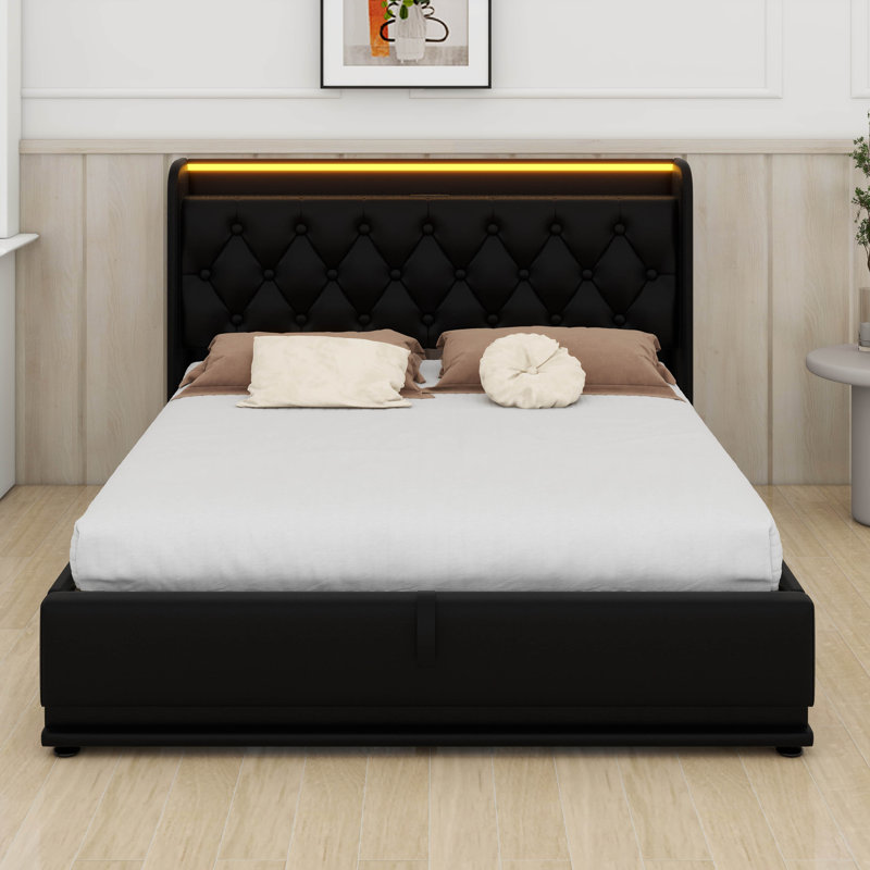 Grand lit moderne avec rangement relevable, cadre de lit à DEL avec station de charge, lit plateforme tapissier avec tête de lit à oreilles, télécommande, lumières DEL