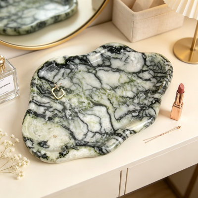 Plateau de meuble-lavabo en marbre naturel, plateau de service de comptoir décoratif en pierre de luxe pour le rangement de maquillage de parfum de café, organisateur de table de cuisine émeraude verte