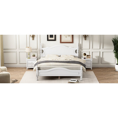 White Wood Queen Bed Frame, Retro Design With Slat Support, Bedroom Delight Size Bed, Platform Wooden Base For Support