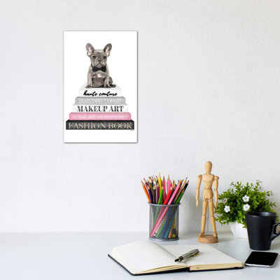 Grey Books With Pink, Grey Frenchie, Bowtie by Amanda Greenwood - Wrapped Canvas Painting