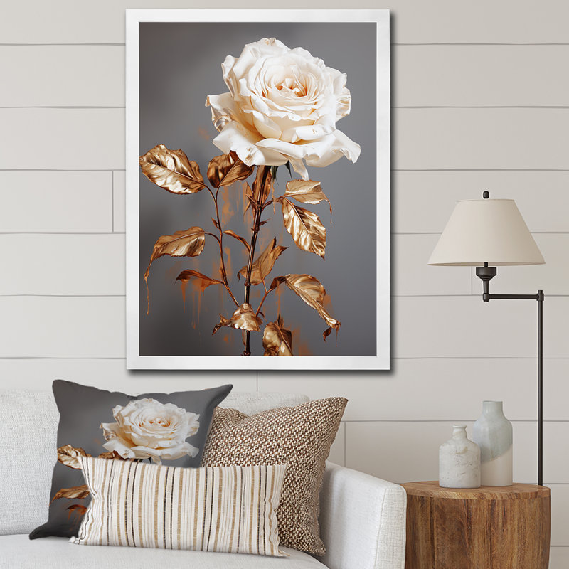 Blanc et or rose, élégance or rose - art mural rose, Cadre simple blanc, H 40 po x l 30 po x P 1,5 po