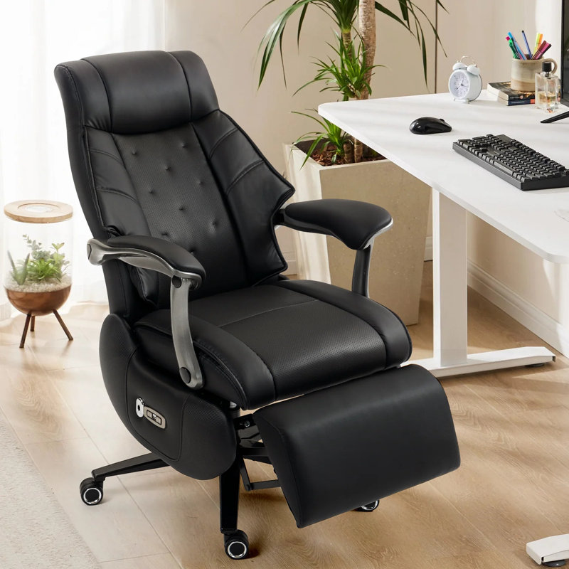 Kinnls Magnus Massage Office Chair with Heating Ventilation, Genuine Leather Power Recliner Chair with Footrest, Big and Tall Ergonomic Comfy Home Office Desk Chairs (Black)