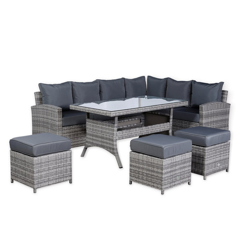 Harmony Range Right Hand Corner Sofa Set With Dining Table In Grey Rattan