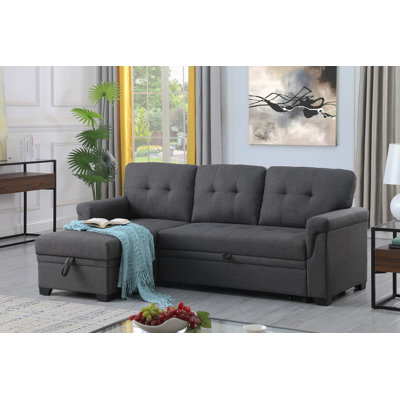 Lucca 84" Dark Gray Linen Reversible Sleeper Sectional Sofa With Storage Chaise