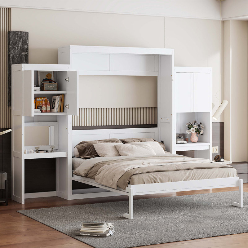 Grand lit escamotable avec bureau, coiffeuse et armoires, peu encombrant et multifonctionnel pour la vie moderne, Blanc