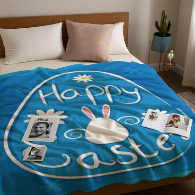 Happy Easter Blue Egg Bunny Throws Blanket, Cute Bunny Blanket for Girls Women, Spring Easter Eggs Floral Blankets Decor for Home Living Room Bed,50x60 Inch