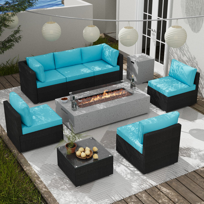 6 - Person Outdoor Seating Group with Cushions and Fire Pit Table, Blue/Black
