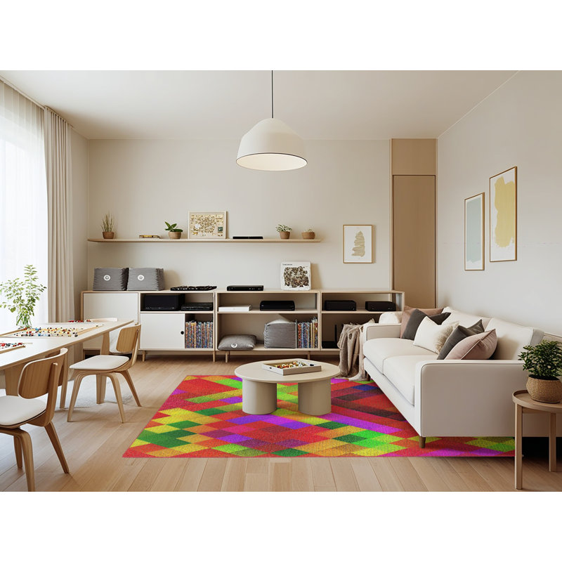 Tapis jaune/vert/rouge tissé à la machine, Rectangle 7 pi x 9 pi