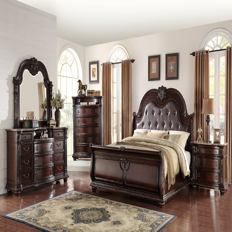 Meuble en bois massif de 1 chambre à coucher avec dessus en marbre à 11 tiroirs avec moulures complexes et silhouette courbée brune